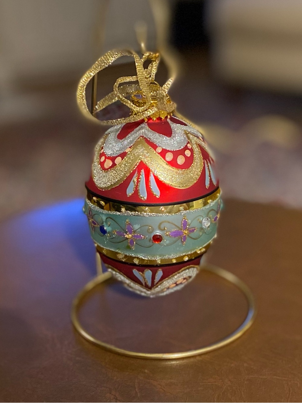 Hand-Crafted Glass Ornament • Red, Gold, Silver, Blue Accents • Stand Included